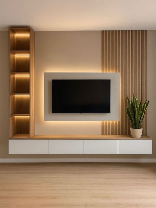 Minimalist White and Wood Floating Media Wall with Illuminated Vertical Shelving and Slat