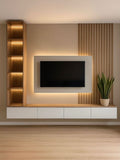 Minimalist White and Wood Floating Media Wall with Illuminated Vertical Shelving and Slat