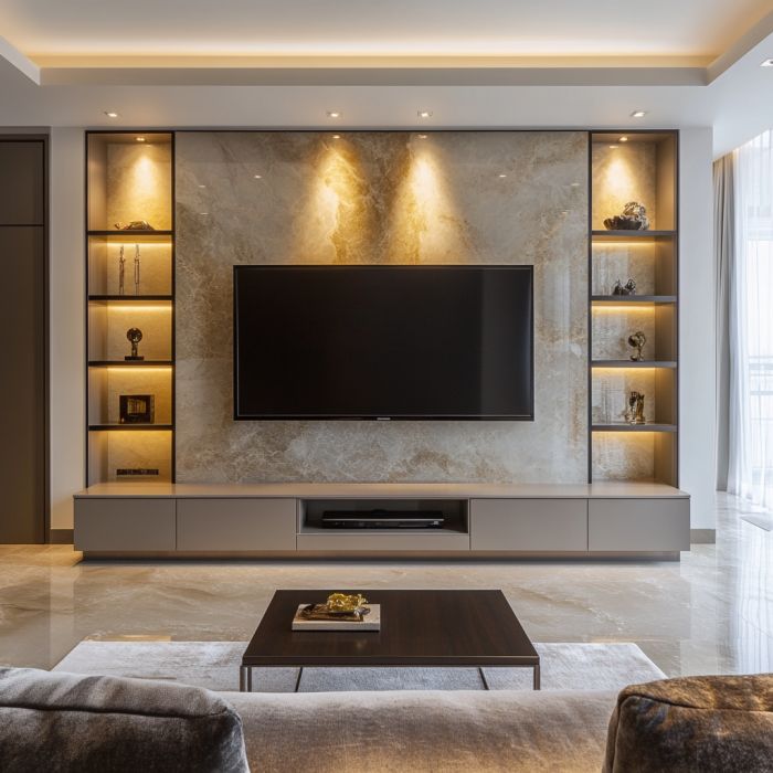 Luxurious Marble Effect Media Wall with Integrated LED Shelving and Symmetrical Storage for Modern Interiors
