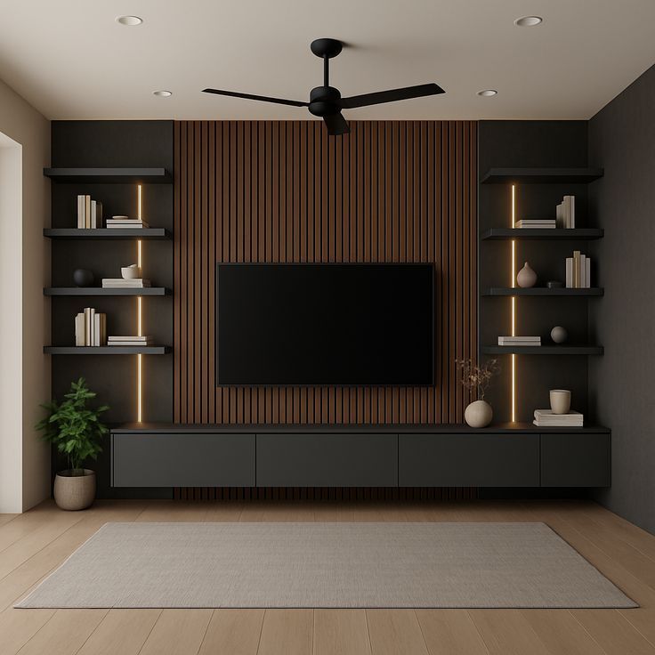 Dark Media Wall with Acoustic Wood Slat Paneling and Vertical LED Lighting for Living Rooms