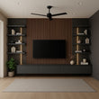 Dark Media Wall with Acoustic Wood Slat Paneling and Vertical LED Lighting for Living Rooms