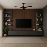 Dark Media Wall with Acoustic Wood Slat Paneling and Vertical LED Lighting for Living Rooms