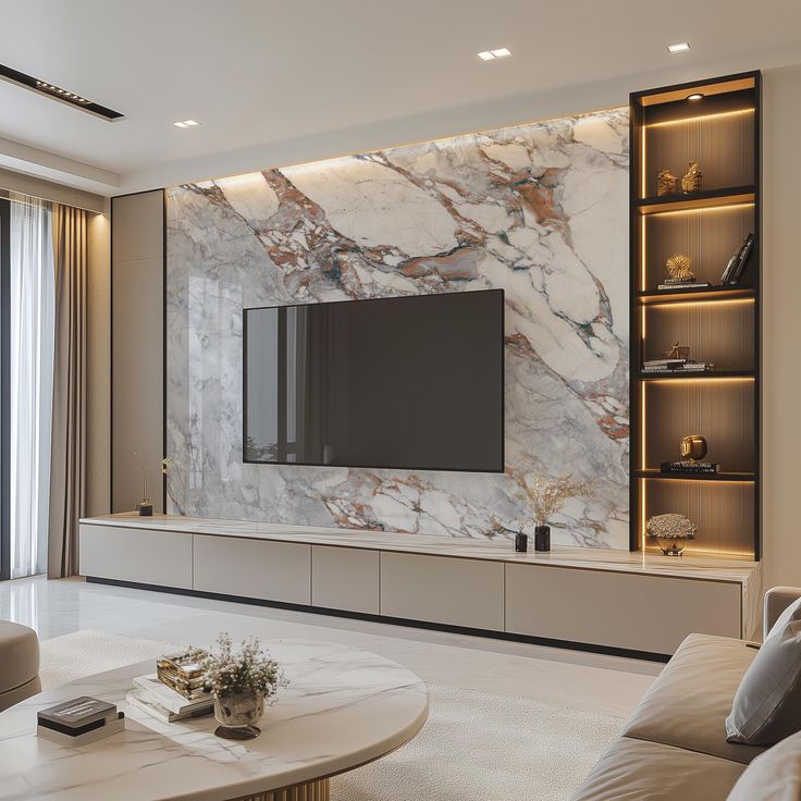 Living Space with a Luxurious Marble Media Wall and Integrated Custom Lighting Shelving