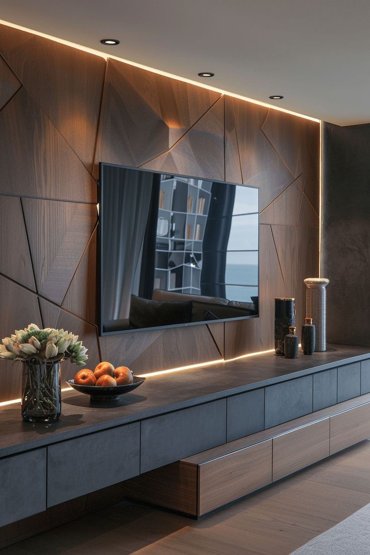 Geometrically Designed Dark Wood Modern Media Wall Featuring Integrated LED Ambient Lighting