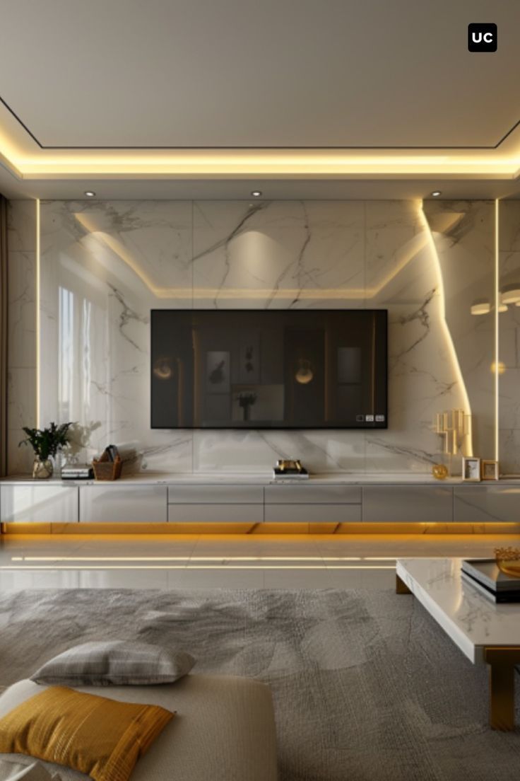 Modern Luxury White Marble Media Wall with Sleek Integrated Backlit Golden Lighting