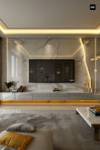 Modern Luxury White Marble Media Wall with Sleek Integrated Backlit Golden Lighting