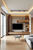 Natural Wood Tones and Textured Stoned Modern Media Wall with Integrated Lighting