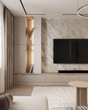 Slatted Base and Light Textured Stoned Ultimate Luxury Custom Entertainment Wall Unit