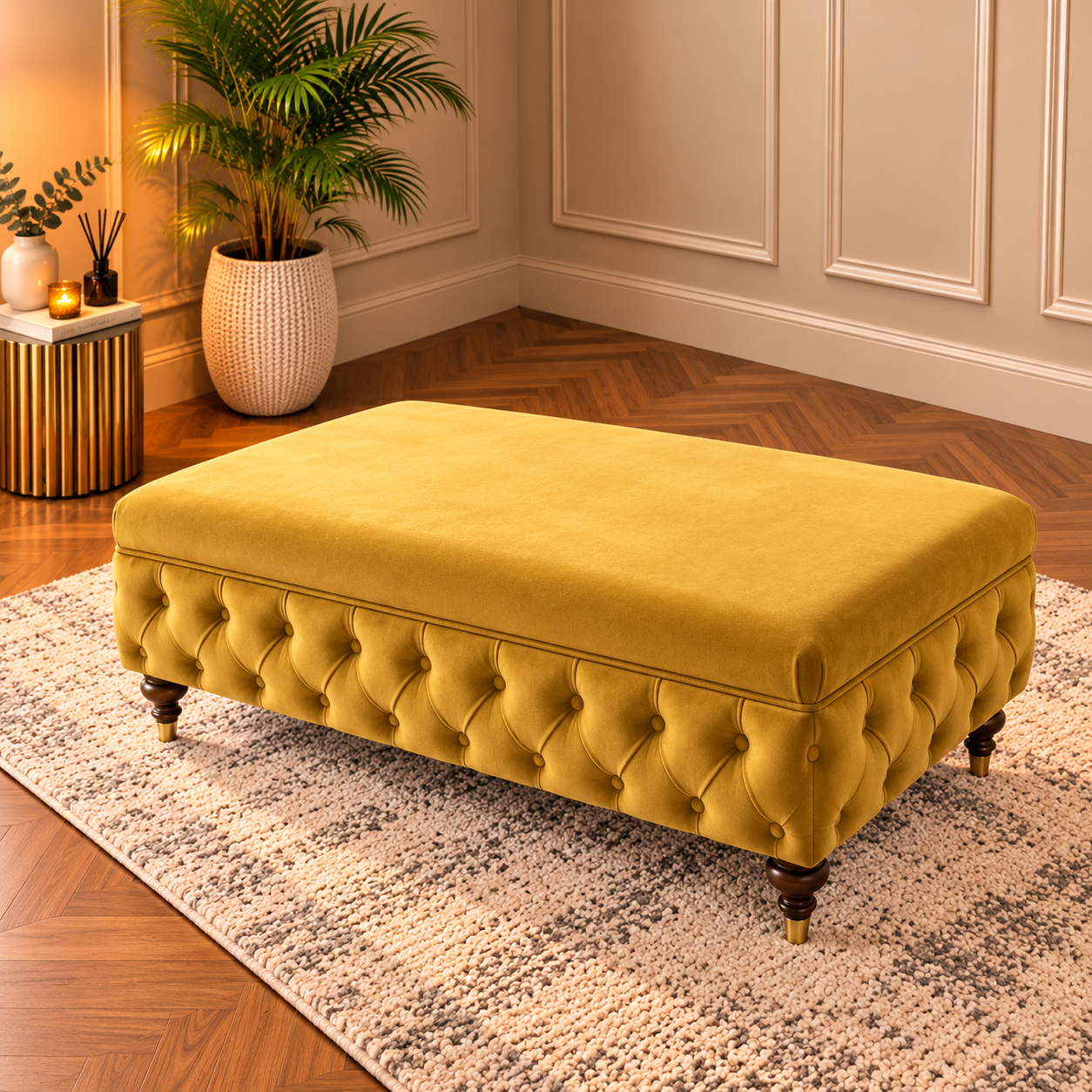 Handmade Luxury Chesterfield Velvet Footstool – Large Flat Top Upholstered Coffee Table Ottoman