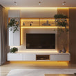 Floating Entertainment Unit with Ambient LED Lighting, Vertical Storage, and Natural Wood Accents