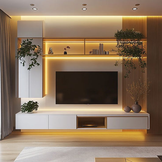 Floating Entertainment Unit with Ambient LED Lighting, Vertical Storage, and Natural Wood Accents
