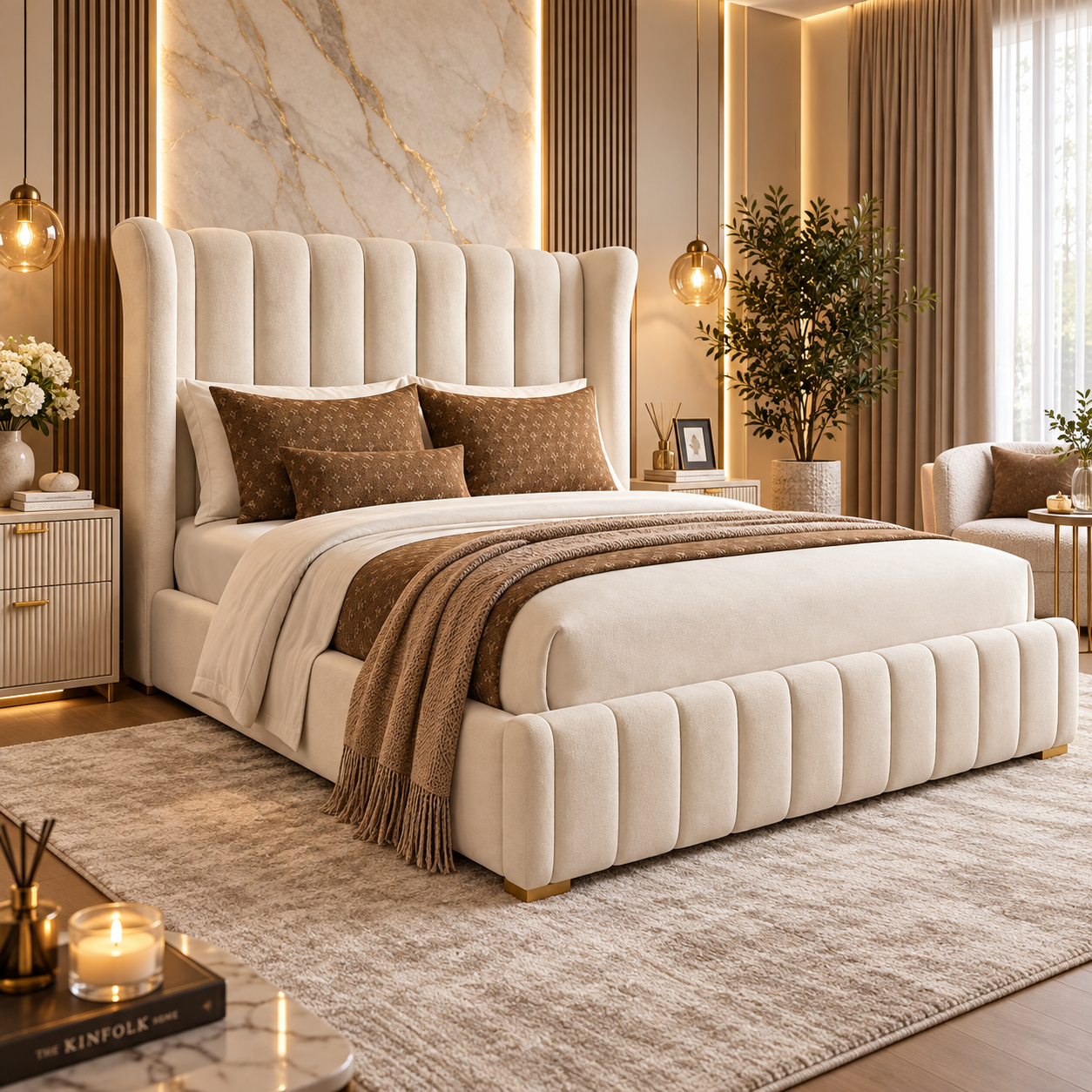 Norvello Sculpted Wing Upholstered Bed Frame