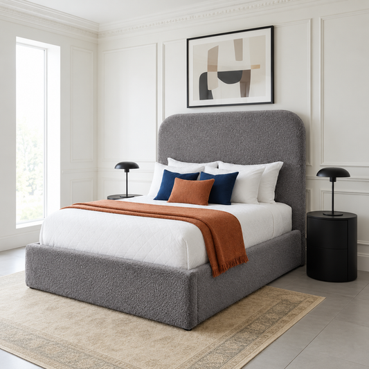 Hawai Upholstered Bed Frame In Boucle Fabric With Curved Headboard