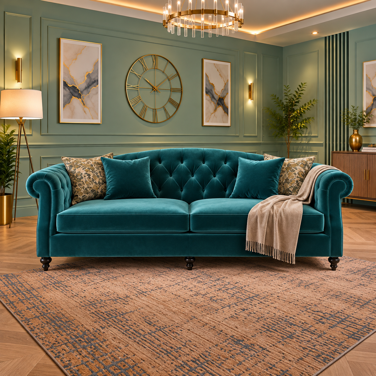 Merino 3 Seater Luxury Sofa In Teal Plush Velvet Fabric