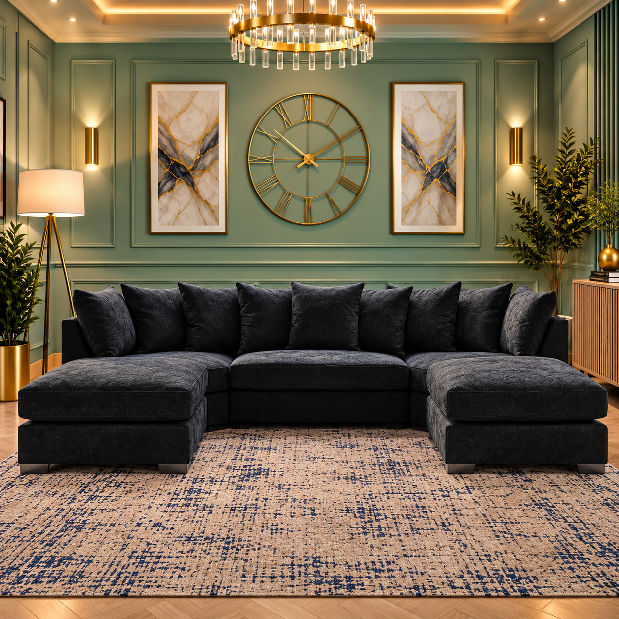The Symmetry U-Shaped Modern Lounge Sofa In Plush Velvet Fabric