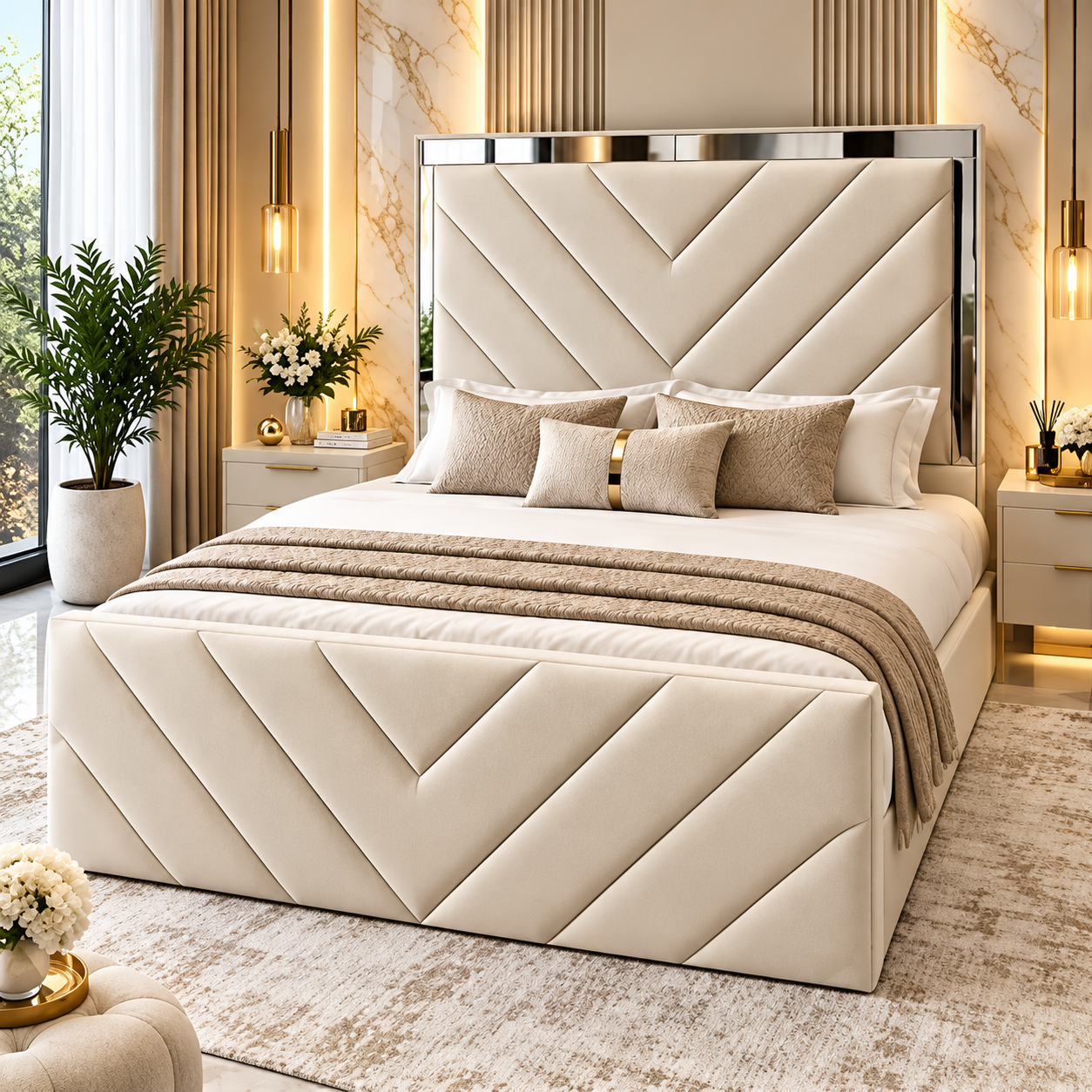 Halviero Chevron Luxury Upholstered Mirror Bed Frame