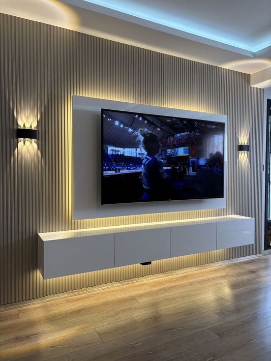 Contemporary White Media Wall with Fluted Wood Paneling and LED Lighting