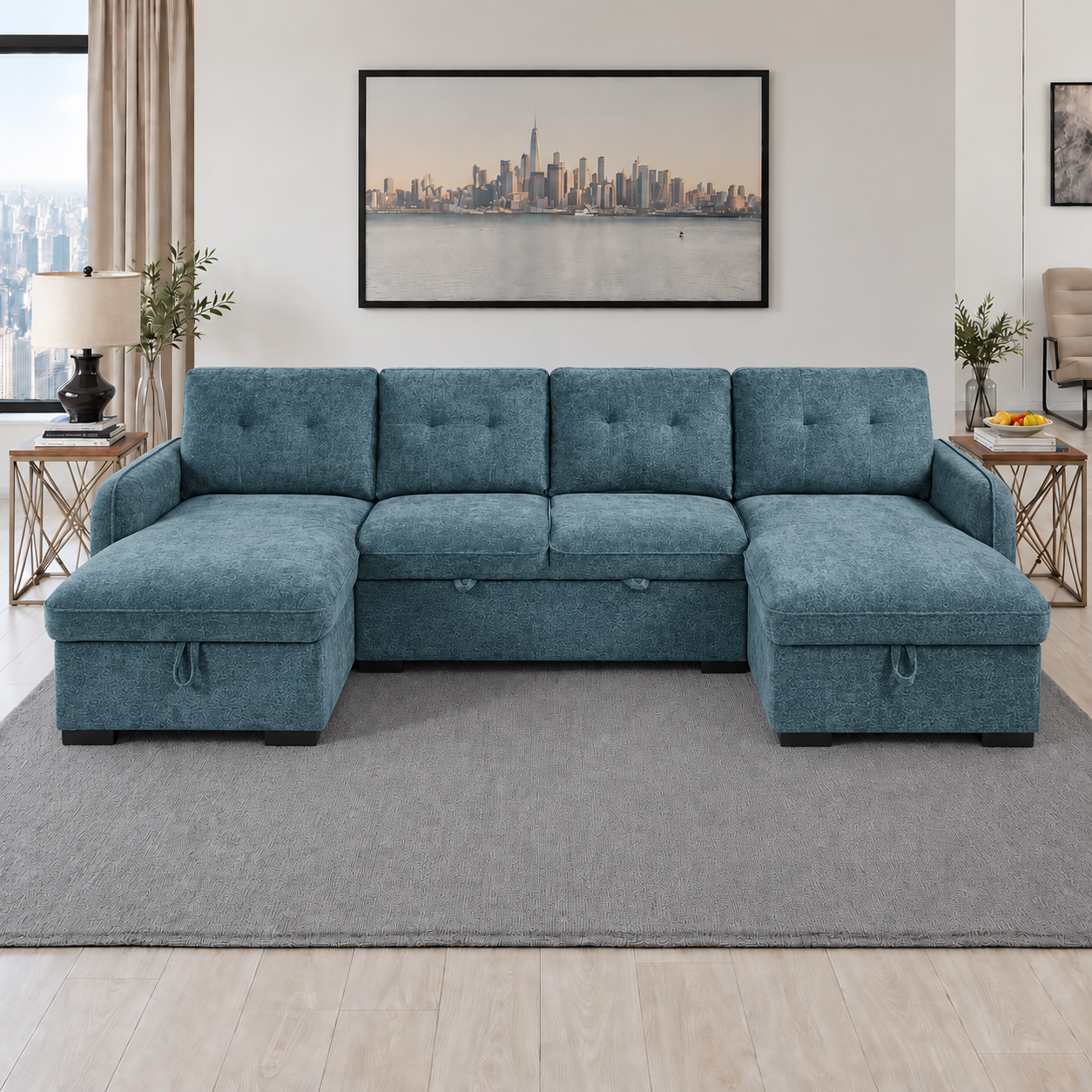 Moscow U Shape Corner Sofa bed in Blue