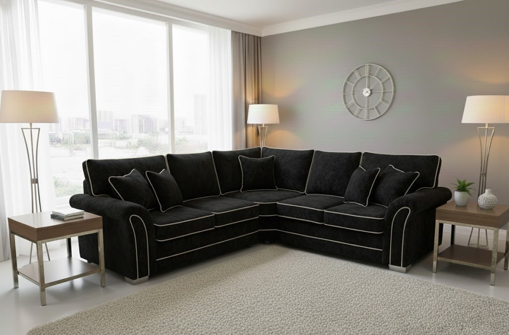 The Jet Setter Corner Sofa Black Plush Velvet Fabric