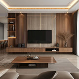 Elegant Wood and Marble Media Wall with Integrated Shelving and Ambient Lighting