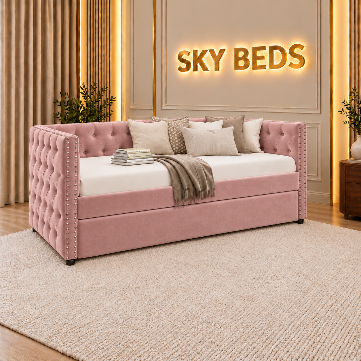 Bali Chesterfield Upholstered Guest Room Single Trundle Sofabed