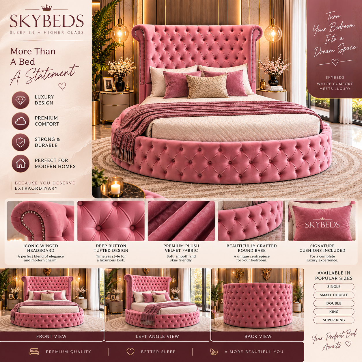 Lunavelle Signature Round Bed Frame | Deep Buttoned Velvet Bed Frame