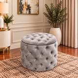 Juvanto Round Chesterfield Velvet Footstool – Deep Buttoned Puffy Coffee Table