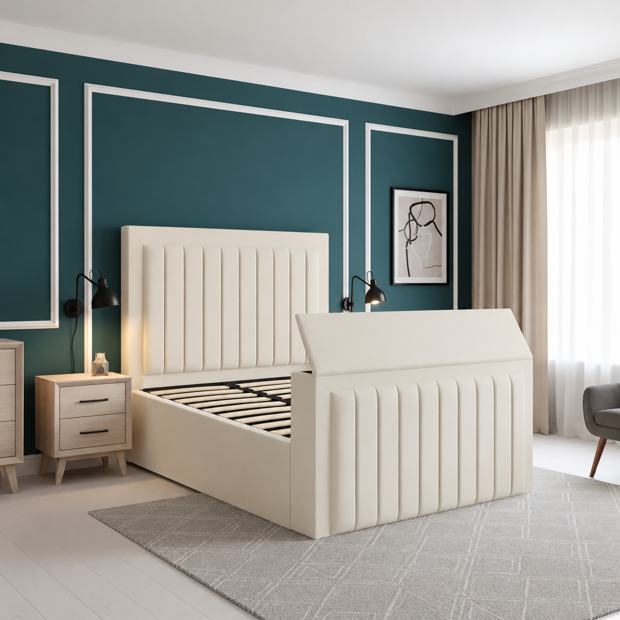 Rumi Panel TV Bed Frame in Plush Velvet Fabric