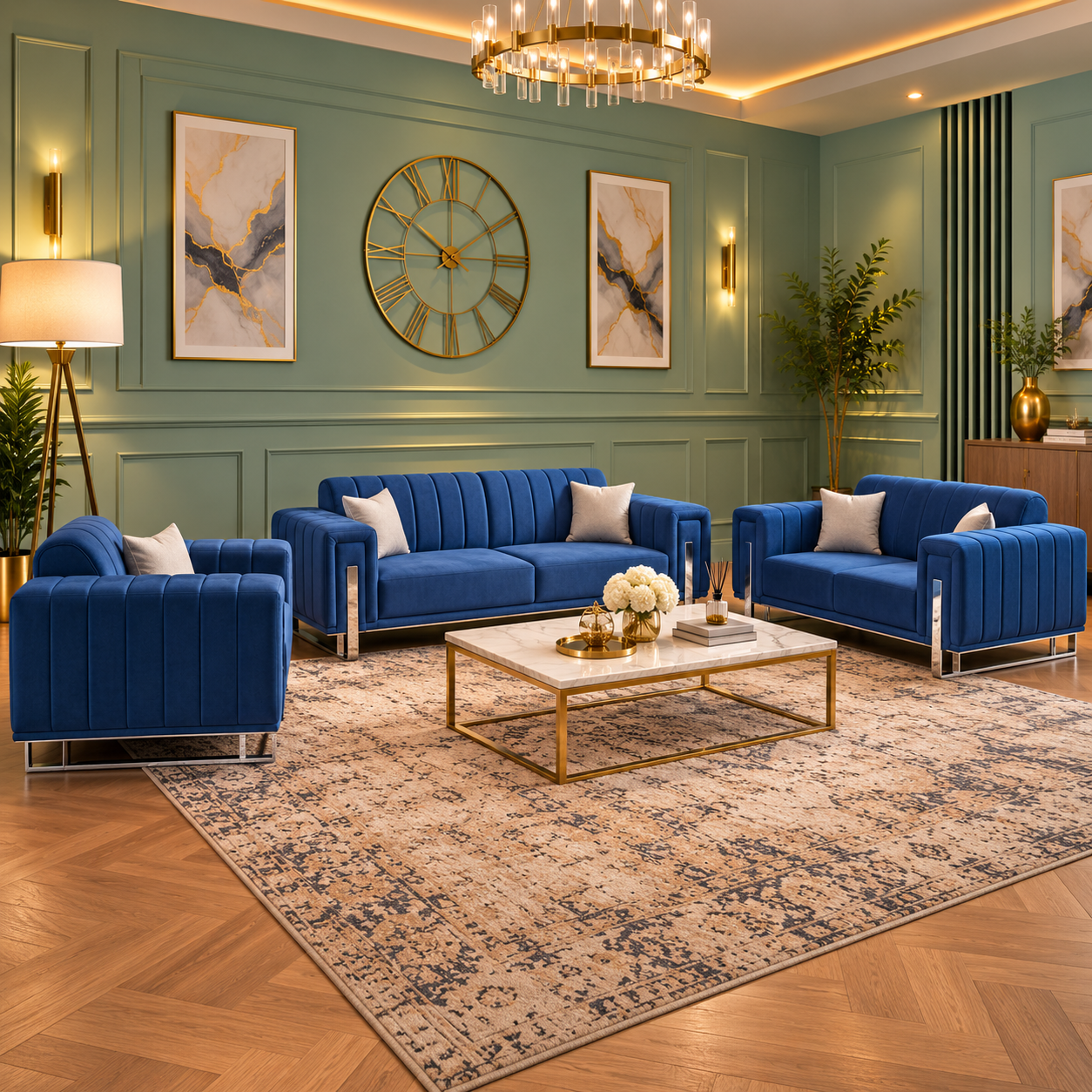 The Quasar Rest Sofa Set In Sapphire Blue Plush Velvet Fabric