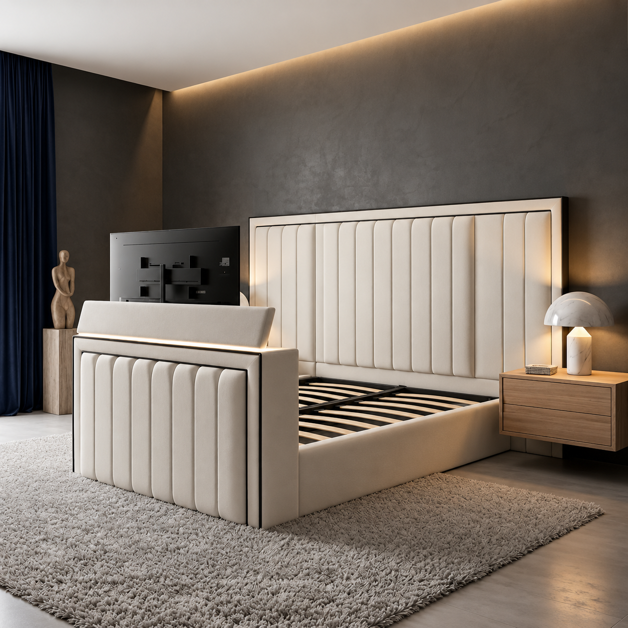 Monaco Panelled TV Bed Frame With Wide Headboard