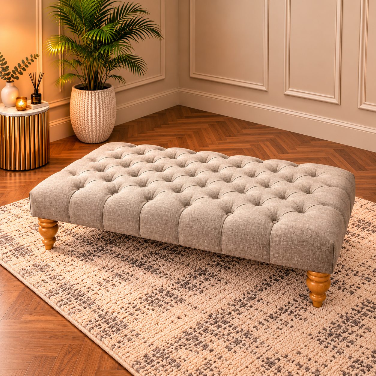 Extra Large 4FT Handmade Chesterfield Linen Footstool Coffee Table – 48 Inch