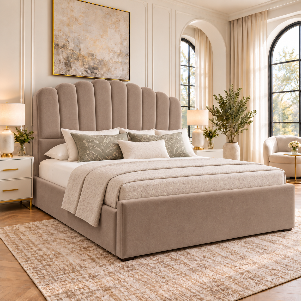 Livora Scalloped Arch Headboard Boucle Vertical Padded Panels Storage Bed Frame