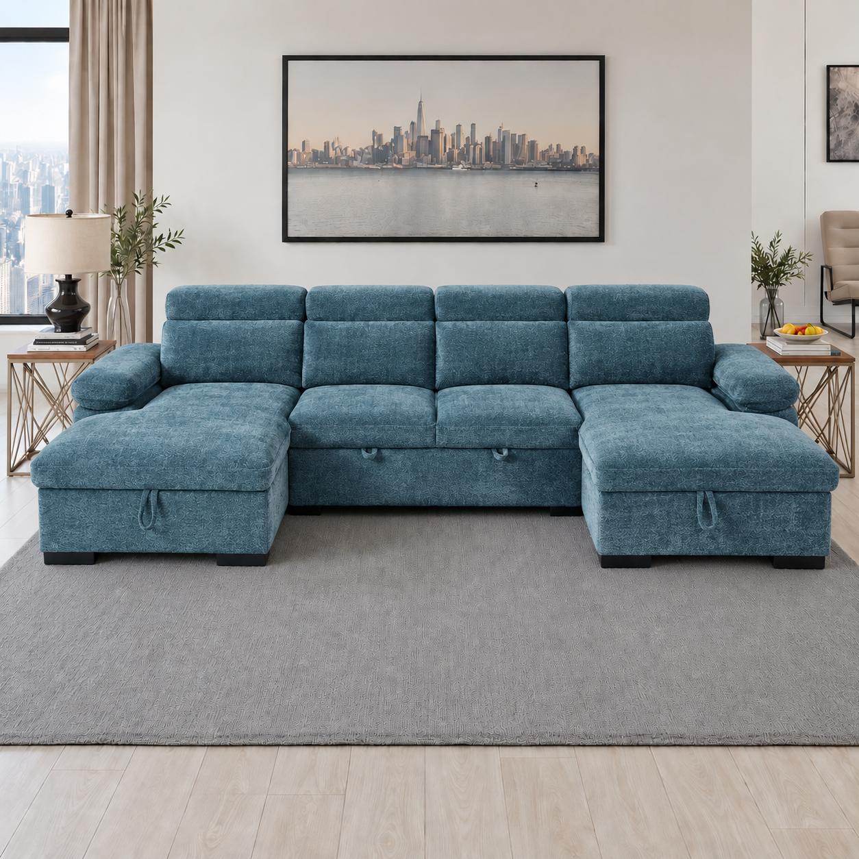 Hudson U Shape Corner Sofa Bed in Blue