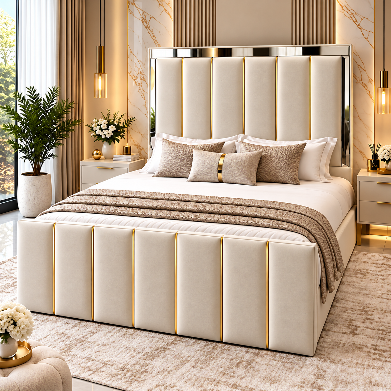 Solviano Golden Line Mirrored Upholstered Bed Frame