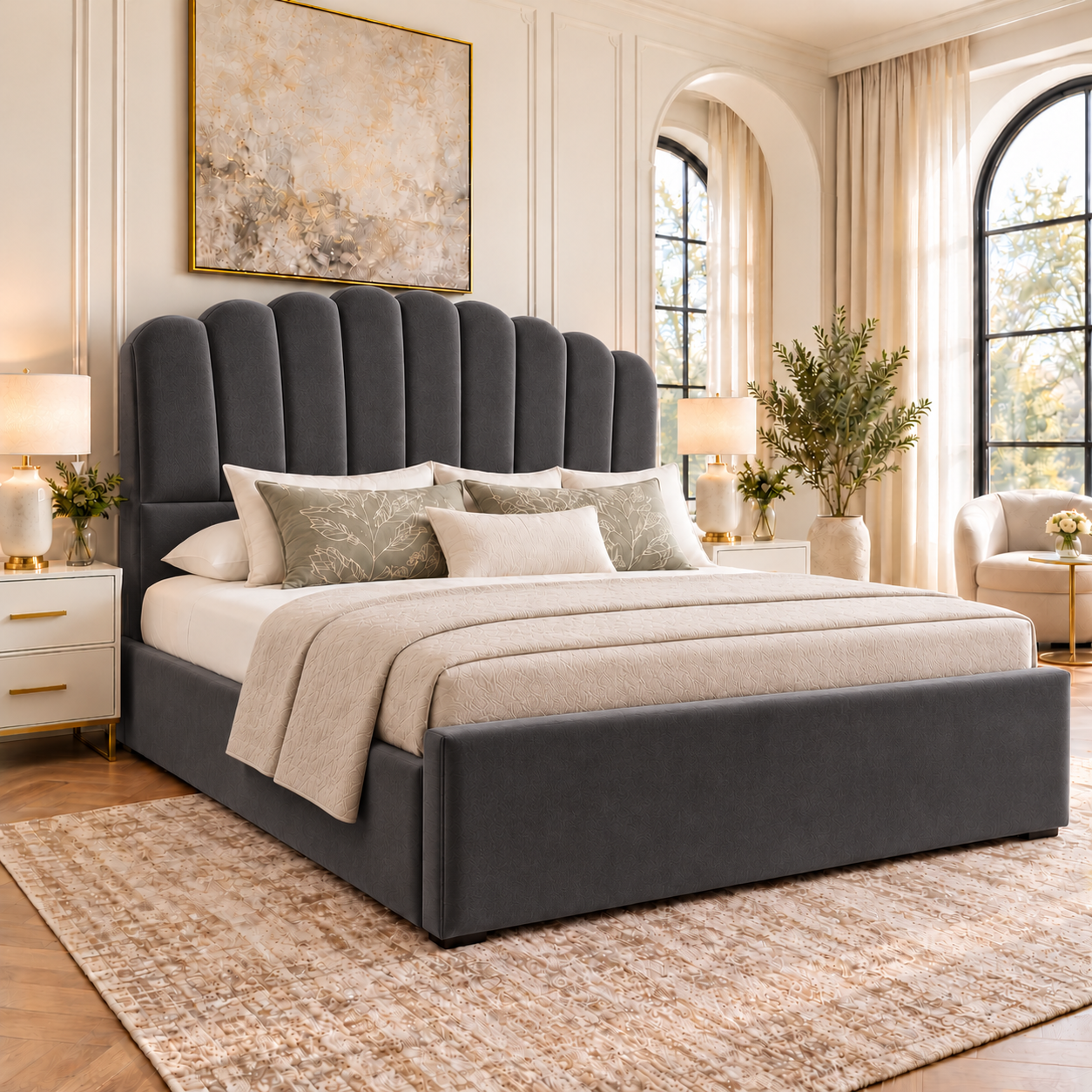 Livora Scalloped Arch Headboard Boucle Vertical Padded Panels Storage Bed Frame