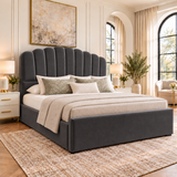 Livora Scalloped Arch Headboard Boucle Vertical Padded Panels Storage Bed Frame