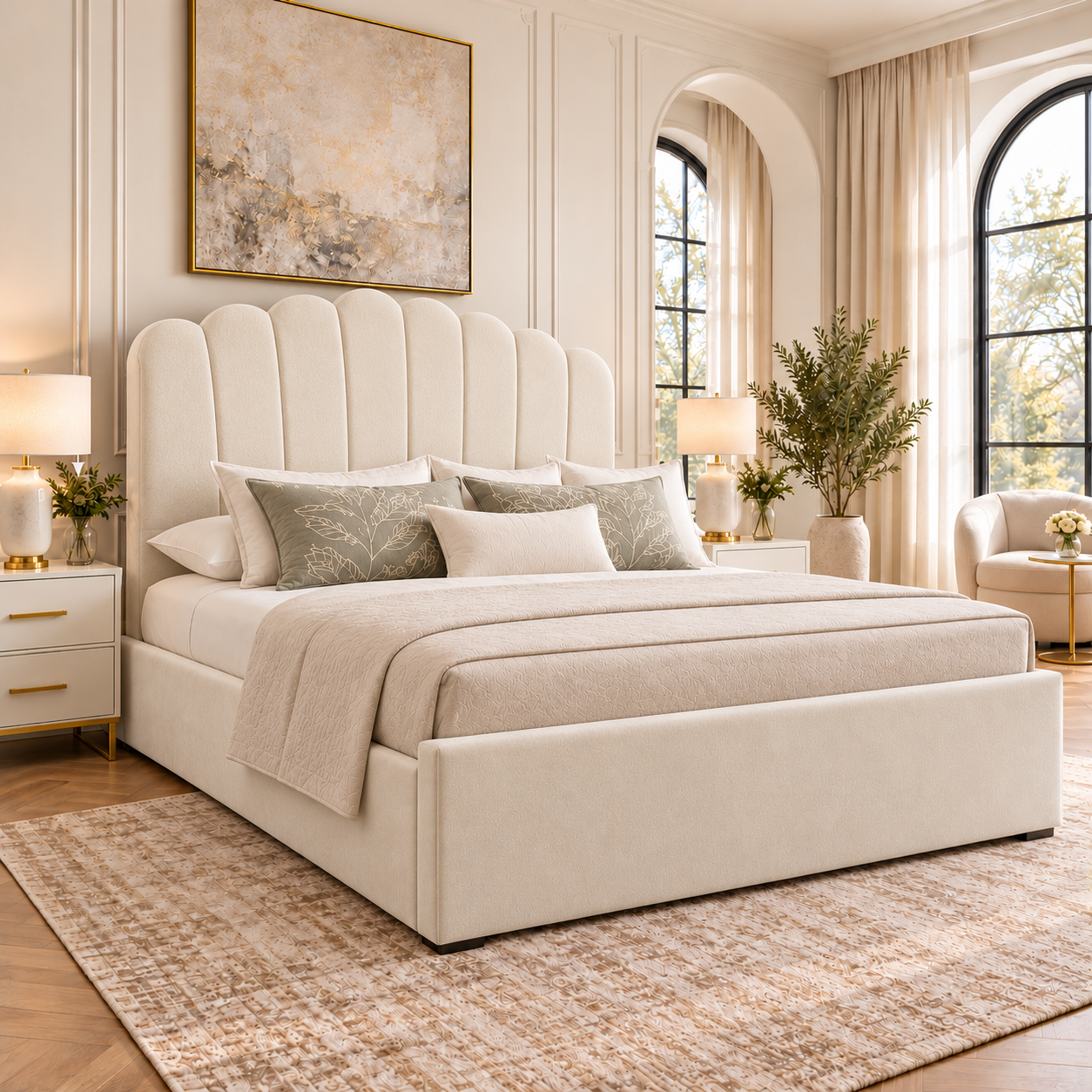 Livora Scalloped Arch Headboard Boucle Vertical Padded Panels Storage Bed Frame