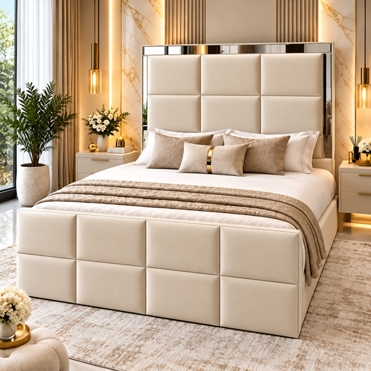 Ovelina Square Panel Luxury Upholstered Mirror Bed Frame