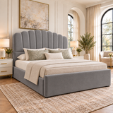 Livora Scalloped Arch Headboard Boucle Vertical Padded Panels Storage Bed Frame