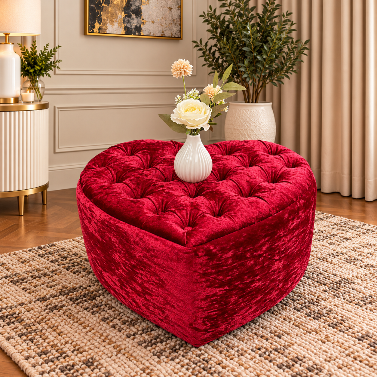 Rosabelle Luxury Heart Shaped Deep Buttoned Plush Velvet Storage Ottoman Footstool