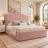 Livora Scalloped Arch Headboard Boucle Vertical Padded Panels Storage Bed Frame