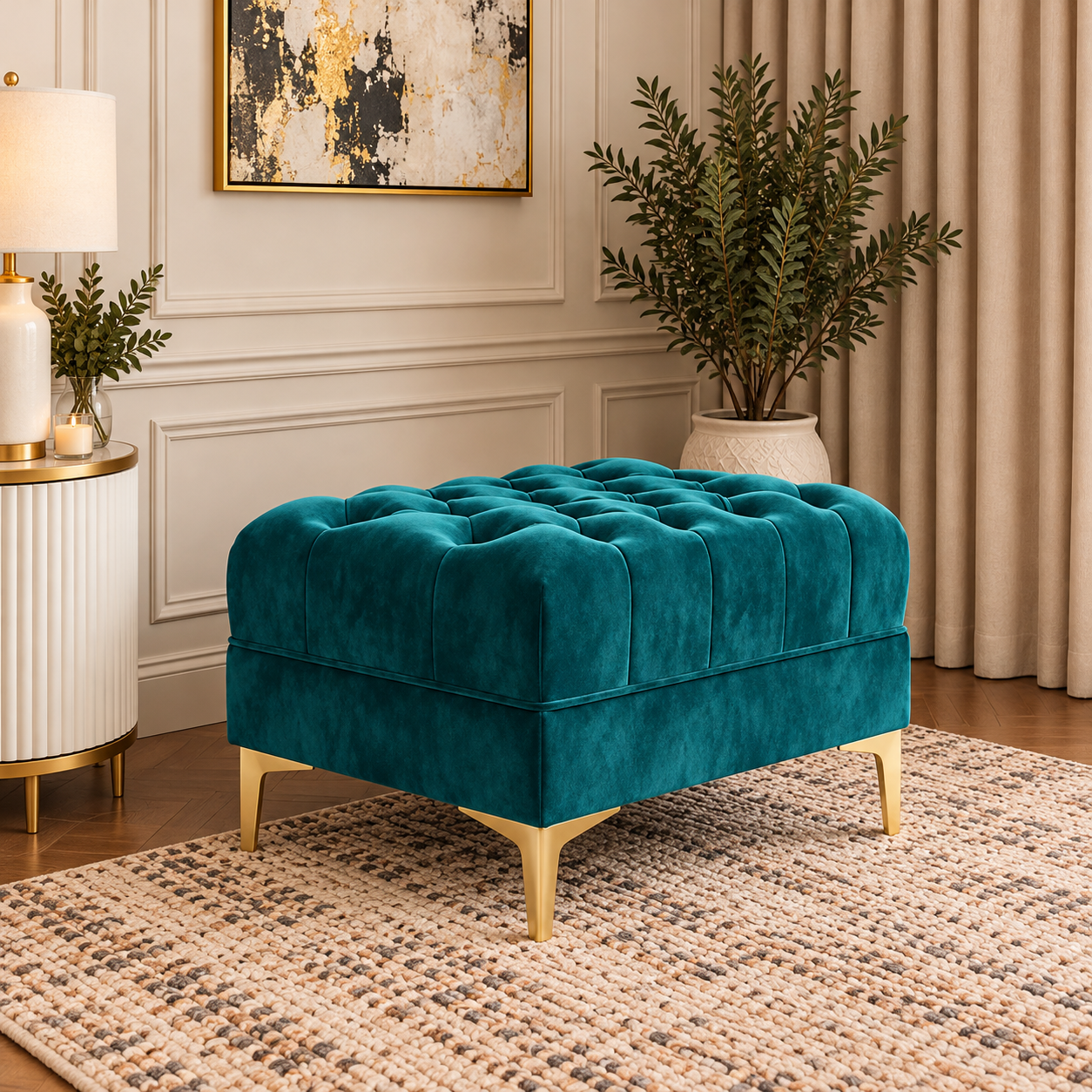 Handmade Chesterfield Teal Velvet Footstool – Extra Tall Padded Ottoman