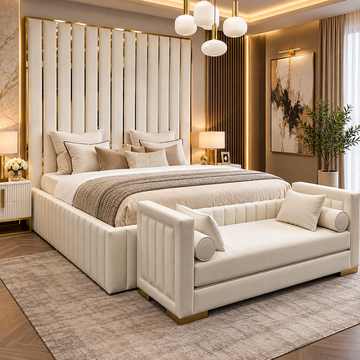 Hugo High Headboard Bed With Golden Border