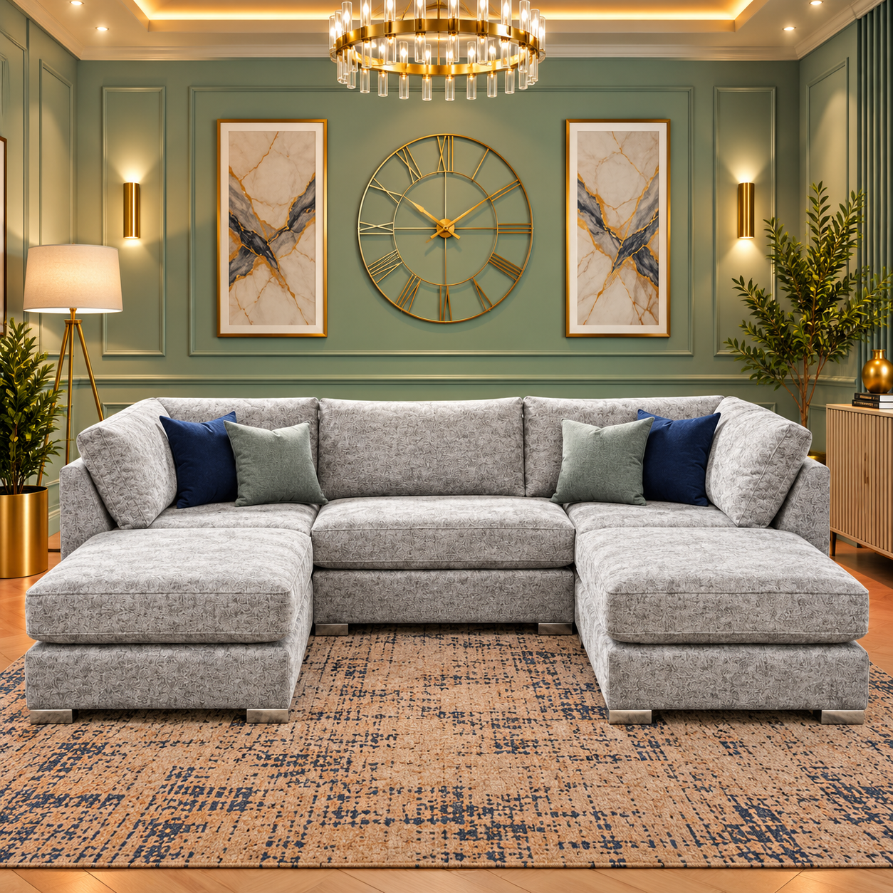 The Crescent Modern U-Shaped Sofa In Plush Velvet Fabric