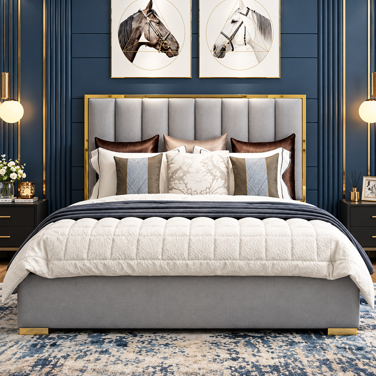 Helen Panel Upholstered Bed With Golden Border