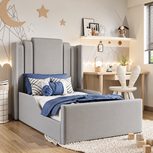 Gray Kids Bed Frame with Wingback Headboard