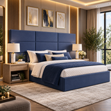 Rectangular Tile Upholstered Bed Frame With Wide Headboard