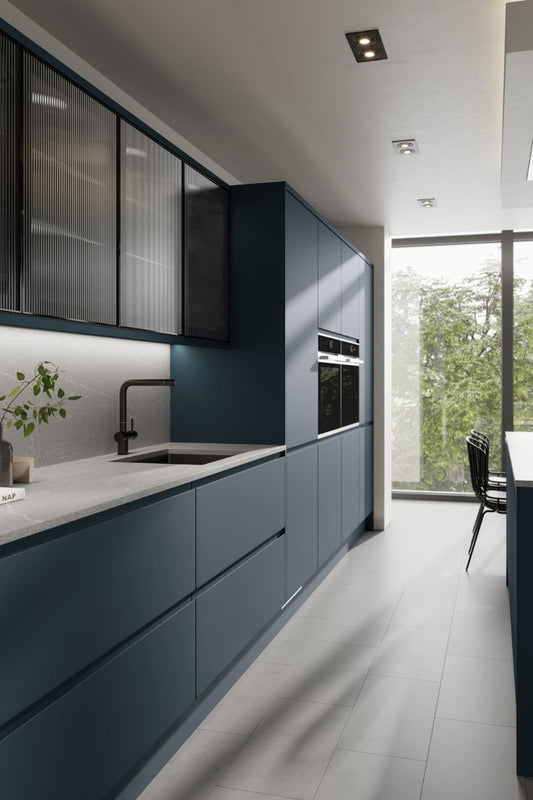 Enzo Modern Kitchen With Blue-Grey Cabinetry Bespoke