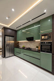 NovaLine Modern Kitchen Combination of Glossy Green Doors, Dark Wood-effect Bespoke