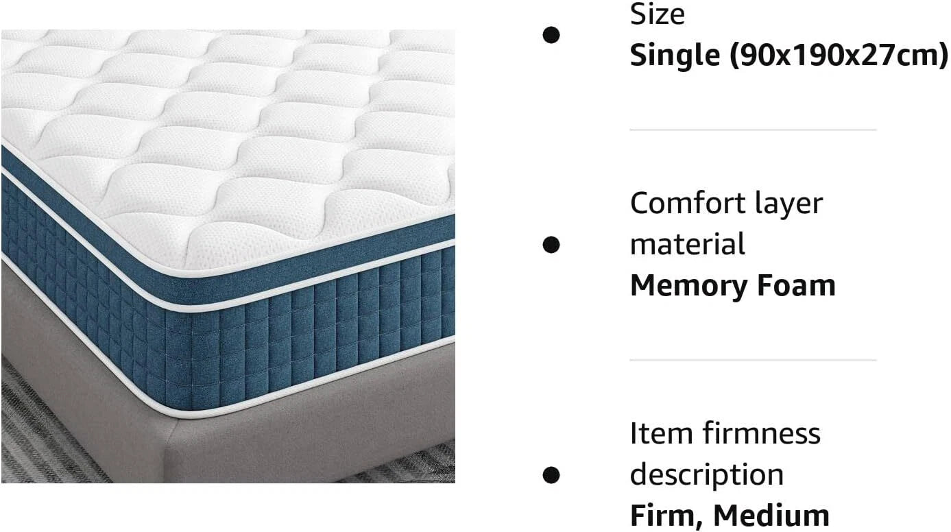 27cm Hybrid Mattress Memory Foam Supportive Sprung 3FT 4FT 4FT6 5FT 6FT King UK